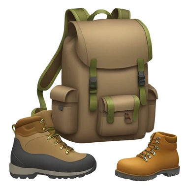 A backpack and boots on a trail with a mountain in the background. sticker