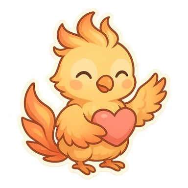 mythical emote showing care and affection, cute phoenix with soft feathers, holding a heart or giving a warm gesture, magical and friendly sticker
