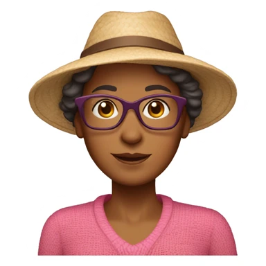 55-year-old Dutch woman with dark red colored short hair, pink sweater and brown glasses wearing beach hat sticker