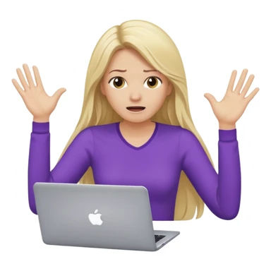 lady with long blonde hair, purple top throwing her with a laptop hands in the air saying why sticker