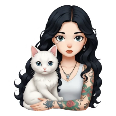 girl with long black Loose curls hair and tattoos and a white cat sticker