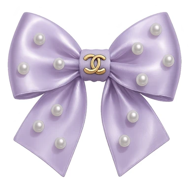 Remove the background, keep only the elegant bow with pearls and gold Chanel logo, glossy, pastel colors, realistic style, with no background. purple sticker