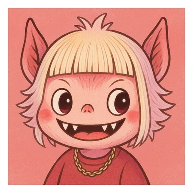 Transform this person into a Labubu monster with blonde hair, bangs, and a pink color theme. Keep the style cute and playful, inspired by the Labubu character style. sticker