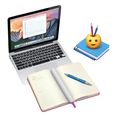 top view of a MacBook and a notebook with a pen nearby, notebook with visible notes sticker