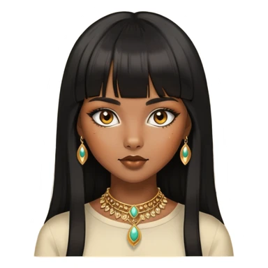 brownskin girl, fox eyes, black straight hair with bangs above eyebrowns, golden accessories sticker