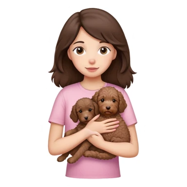 One girl with medium long dark brown hair dressing baby pink T-shirt, hugging One little brown coated labradoodle. sticker