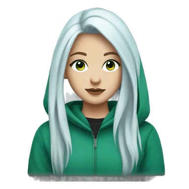 white girl with long blue hair in a wolf cut, blue eyes, wearing an unzipped green hoodie with a black tshirt underneath sticker