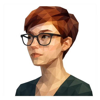 polygonal style woman in her 20s with auburn pixie cut (side part) and glasses sticker
