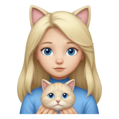 blonde girl with long blonde hair and blue eyes with chubby gray cat sticker