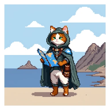 Cat explorer holding map, mountain landscape with stars, wearing explorer gear with cloak blowing in wind, gazing at horizon sticker
