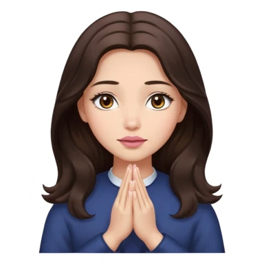 girl with wavy long glamorous dark brown hair, brown eyes, light to medium complexion, long lashes, almond shaped eyes, light pink lipstick, square shaped face. praying sticker