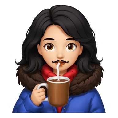 Tanned Girl with lashes , black hair, in an extremely big fluffy oversized jacket, and drinking hot chocolate drink sticker