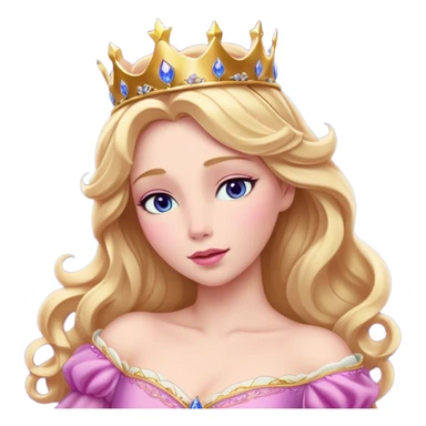 Cinematic Realistic Sleeping Beauty (Aurora) Portrait, with porcelain-like skin featuring a natural rosy flush, illuminated by soft lighting that highlights the gentle contours of her face. Her golden blonde hair flows in soft, detailed waves with subtle highlights that shimmer in the light. Her deep violet-blue eyes radiate warmth and innocence, framed by arched brows and long lashes. Her serene expression exudes quiet elegance. She is dressed in her classic pink gown, the fabric rich in texture with delicate folds that catch the light. A golden crown rests atop her head, gleaming with royal refinement. The portrait captures a soft, glowing aura, blending realism with an ethereal sense of beauty and timeless enchantment. sticker