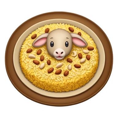 "Emoji of a Jordanian Mansaf dish — round platter with golden rice, lamb pieces, nuts on top, simple cute cartoon style, clean lines, white or transparent background." sticker