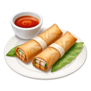 Spring Rolls Cinematic Realistic Spring Rolls Dish Emoji, depicted as 2 perfectly crisp spring rolls served with dipping sauce, rendered with lifelike textures and dynamic, appetizing lighting. sticker