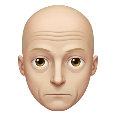 Steven Miller, bald, very grim expression, very narrow face, pronounced sagging eyelids lower on outer sides, bottom lip sticking out sticker