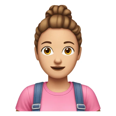 A white woman with brown hair in pony tail wearing pink headband, pink t shirt and overalls  sticker