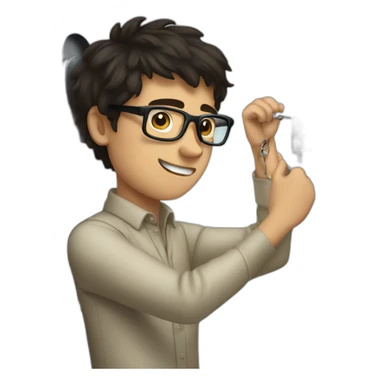 dark-haired young man with glasses struggling to fit a key into a lock sticker