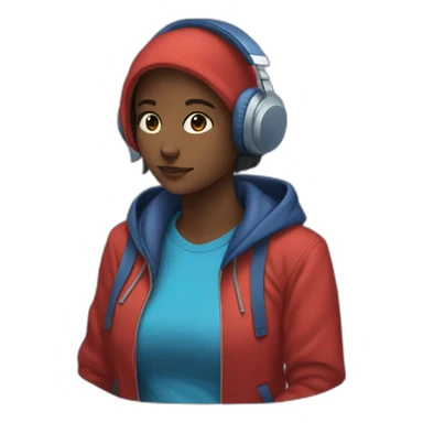 Lo-fi girl studing headphones, blue jacket, red hoodie sticker