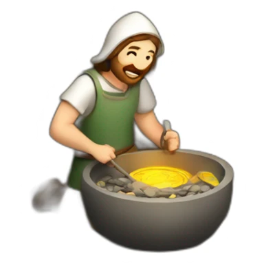 inside of a medieval mint showing different people working creating coins with a furnace sticker