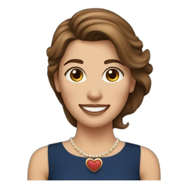A white woman with brown hair, ыshows a heart by hands and smiles, wearing a dark blue dress, and long earrings sticker