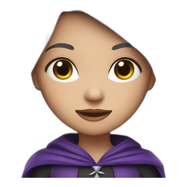 a young white brown thin girl with straight black hair dressed as a purple witch sticker