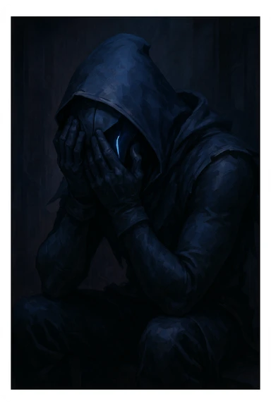 Valorant Omen, visibly upset, hands covering face, mask slightly tilted, emotional, game-inspired sticker