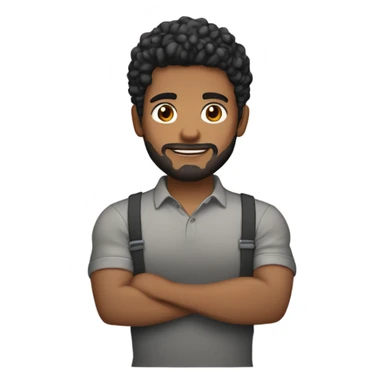 men holding his computer in hands. light brown skin men with curly black hair, dark brown eyes, little grown beard. little bit muscular. dressed casual. round face. sticker
