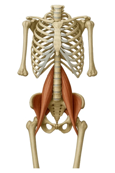 fai un immagine identica che riguarda IL MUSCOLO PSOAS i in evidenza (anatomicO) con colori naturali di un corpo umano. falla iperrealistica anatomica in 4k sticker