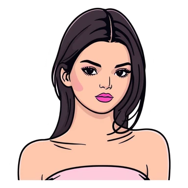 Kendall Jenner, elongated face, long flowing hair, pink glossy lipgloss, pink blush on cheeks, cat-eye winged eyeliner, bare shoulders and upper body sticker