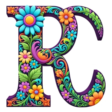 3D, gothic style psychedelic colored Letter “I” with hippie style flower border sticker