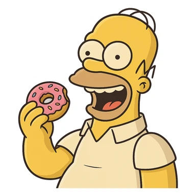 Homer Simpson with a big smile, about to eat a donut, fun cartoon style, colorful, no background sticker