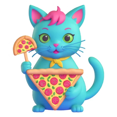 green cat with pink hair and blue ears holding a pizza sticker
