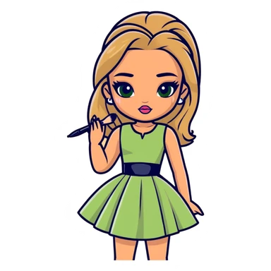 Bratz doll with a small waist wearing a kaki green dress and is doing her makeup sticker
