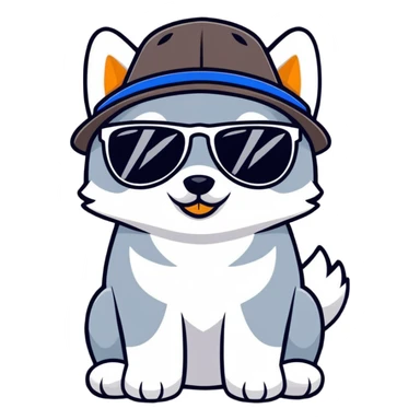 Husky dog wearing black sunglasses and a hat with duck pattern sticker