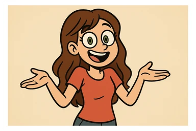 cartoon girl with long brown wavy hair, green eyes, shrugging, cheerful expression, upper body, simple background sticker