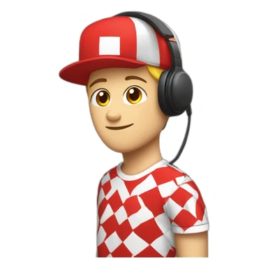 White Streamer wearing a back cap and red headphone with a shirt black and red squares sticker