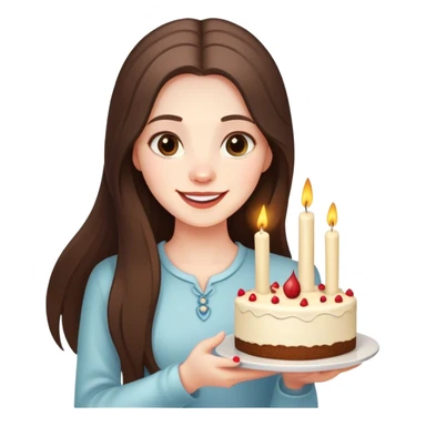 happy beautiful pale brunette girl with long hair holding a piece of cake with candle sticker