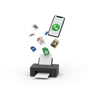 realistic thumbnail for a WhatsApp print out service, with a smartphone displaying WhatsApp and a variety of file icons including photo, PDF, Word doc floating toward a printer that is printing them out, white background sticker