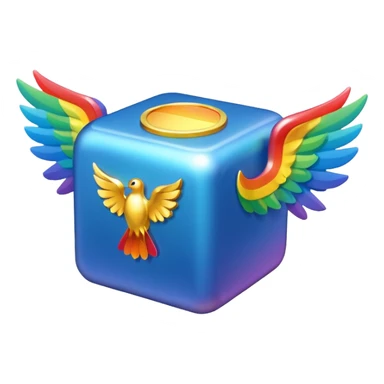 Blue cube with wings and has a rainbow ? sticker
