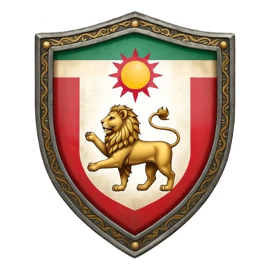 rectangular shield with the flag of Iran, with a lion and a sun sticker