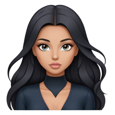 Glamours, tanned, very beautiful girl, with big pump peach-beige-rose lips, long long lashes, black straight smooth silky long hair, straight parting hair, blue-grey eyes in black long-sleeves v-neck bodysuit sticker