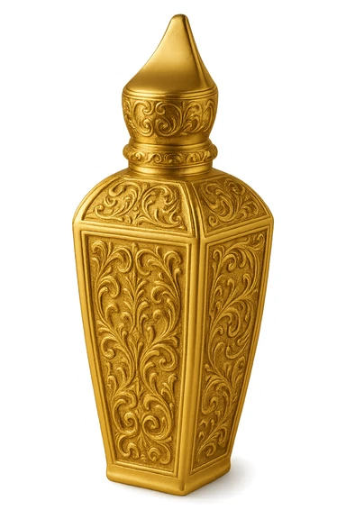 Refine this perfume bottle to closely resemble the shape and ornate details of Xerjoff's 'La Capitale' fragrance bottle, keeping the style decorative and gold-accented, with no characters or text, and a transparent background. sticker
