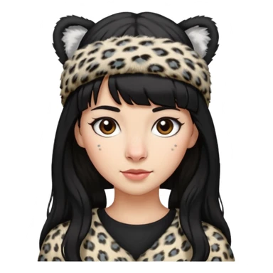 woman, black shoulder length hair, bangs, snow leopard fur headband sticker