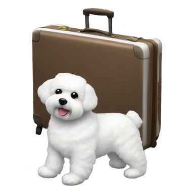 ABichon Frise standing next to a suitcase filled with iconic places stickers on the suitcase  sticker