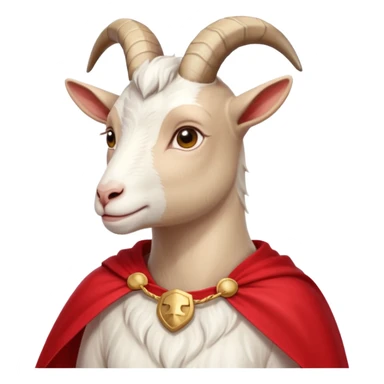 side view of white female goat wearing a read cape like superman sticker