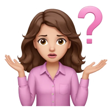girl with wavy long brown hair, brown eyes, light to medium complexion, long lashes, light pink lipstick, wearing light pink shirt, shrugging with both hands, confused, question mark sticker