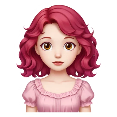 A pale girl with cherry red wavy hair and brown eyes, wearing a pink cute dress. sticker