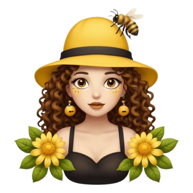 full body woman long curly brown hair brown eyes white skin tattoos wearing bee hat and pollen glow makeup sticker