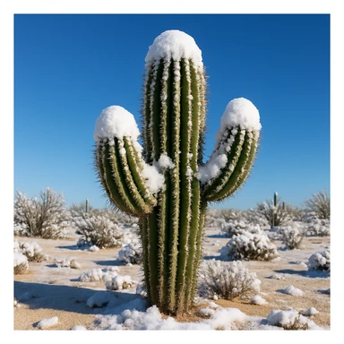a cactus covered in snow in the desert, blue sky, winter atmosphere sticker